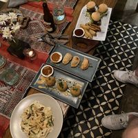 Fettuccine carbonara, crispy cheese balls, jackfruit empanadas and zest sliders   at Zest Ubud in Ubud
