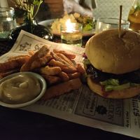 Teriyaki banana blossom burger with spicy sweet potato fries at Zest Ubud in Ubud