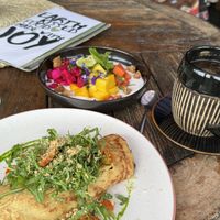 Chickpea omelette, fruit salad and Americano  at Zest Ubud in Ubud