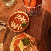 A nice starter - chips with avocado smash and tomato salsa. And sweet potato fries with bbq dip. at Zest Ubud in Ubud