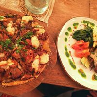 So delicious pizza with jackfruit and a dish with jackfruit steak and mushromm sauce. Yummy! at Zest Ubud in Ubud