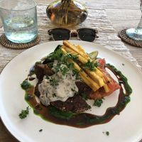 Jackfruit steak with mushroom sauce and shoestring fries  at Zest Ubud in Ubud