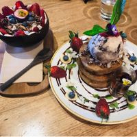 Vegan pancakes and açai bowl  at Preach Cafe in Bondi Beach