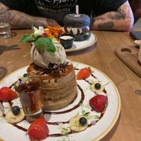 Pancakes and Falafel burger both vegan at Preach Cafe in Bondi Beach
