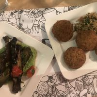 Aubergine with tahini suave & falafel no yoghurt  at Portes in Chania