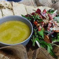 Dish of the day. Special soup flat bread with zataar and salad. at SAJ in Nice