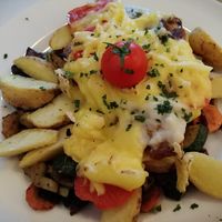 Seitan roasted with potato, vegatables and cheese at Veganeria in Budapest