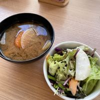 Miso soup and salad of the teishoku   at Nourish in Tokyo