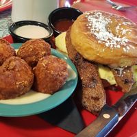 donut sandwich with tempeh, stuffed tater tots at The Friendly Toast in Portsmouth
