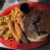 Vegan monster breakfast, with blueberry pancakes, scrambled tofu, potatoes and sausage   at The Friendly Toast in Portsmouth