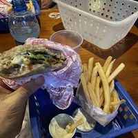 Veggy burguer with fries  at Desvio Bar in Florianopolis