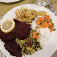 Seitan "steaks", rice, potatoes and migas with broccoli at Taverna do Merceeiro in Fatima