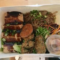 Glass noodles with tofu and plum sauce.  Tempura and kimchi as sides at Bae Bae's Kitchen in Pittsburgh