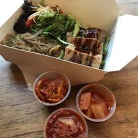 Crispy tofu with plum sauce, glass noodles , comes with one side. Extra banchan (sides) are $1 each. I got cabbage kimchi, radish kimchi and picked radish  at Bae Bae's Kitchen in Pittsburgh