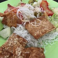 Economy bee hoon with mock BBQ pork, sautéed cabbage and mock pork rinds. Note portions pictured are half of what was served (I ate half of it before remembering to take a photo). at Lei Yin Vegetarian 雷音素食 in East Singapore