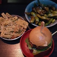 Vegan pasta, burger and edame beans at Pinchos in Stockholm