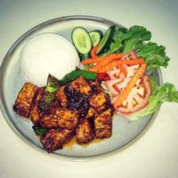 Satay Chilli Tofu and Rice. at Loving Hut in Cabramatta