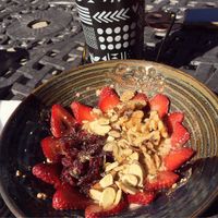 Terra oats and dirty chia in reusable mug  at Terra Cafe in Easton