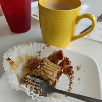 Cinnamon roll, and coconut hot chocolate. at Carina's Bakery in Beaverton