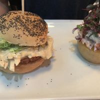 Vegan burger with hoisin sauce served with red cabbage coleslaw and roasted potato at Bon Lloc in Mallorca