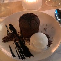 Chocolate cake with liquid chocolate inside & lemongrass almond ice cream  at Bon Lloc in Mallorca
