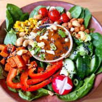 Bowl with tempeh and peanut sauce at Wildgroei in Delft