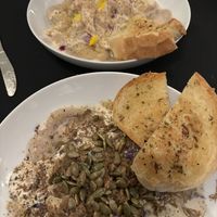 Ravioli- salad - seitan wings and a lovely cheesecake .    at The Vegan Hippie Chick in Welland