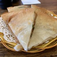 Spring onion pancakes. Not listed as vegan but they are and they’re delicious!  at Lucky Little Dumplings in Bundoora