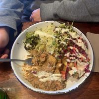 Rice, lentils, salad, broccoli  at Big Fig in Wanaka