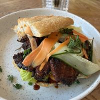 Gochujang sandwich: tasty, but the oyster mushrooms were a bit overfried. at Karibu Cafe in Utrecht