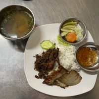Wife with veggie meat at Ahaa Boer Vegetarian Food in Battambang