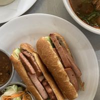 Vegan sausage baguette and baos  at Ahaa Boer Vegetarian Food in Battambang