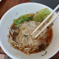 Veggie sweet beef noodle soup (halfway eaten) at Ahaa Boer Vegetarian Food in Battambang