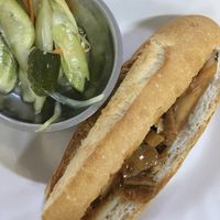 Sandwich with mock meat and pickles   at Ahaa Boer Vegetarian Food in Battambang