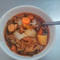 Veggie sweet "beef" soup with yellow noodle at Ahaa Boer Vegetarian Food in Battambang