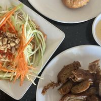 Vegan meat, papaya salad and fried baos with mushrooms  at Monorom Garden in Battambang