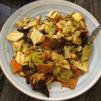 Stir-Fried Sliced Spicy Vegetarian Pork with Mushroom & Cabbage at Gong De Lin in Box Hill