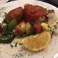 Stuffed tomatoes and pepper with chargrilled veg at Kalamaras in West London