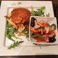 Vegan moussaka and salad  at Kalamaras in West London