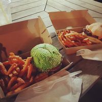 The kale and mushroom burgers with sweet potato fries at VeganBurgz in Fortitude Valley