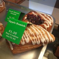 Vegan items: Dark Cherry Danish, Apple Danish, Jam Doughnuts, Lemon cupcakes, Victoria Bun & Vegan Sausage roll. at Brutons The Bakers - Splott in Cardiff