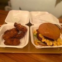 Fried pickles and bacon Mac burger w/ pink pea patty at Big Mood in Buffalo