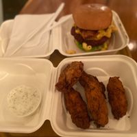 Fried pickles and bacon Mac burger w/ pink pea patty & sauce at Big Mood in Buffalo