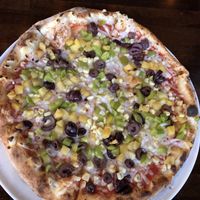 Vegan cheese with olives, pineapple, sweet corn & green peppers at 800 Degrees in Hollywood