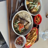 Pad thai, katsu curry, chips and salad bar  at Darwin Trailer Boat Club in Fannie Bay