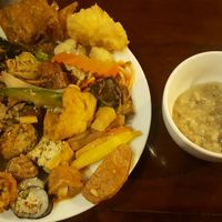Mushroom porridge and dishes made with soy sheets, tofu, spaghetti and noodles, fried rice were good! at Huong Thien Buffet Chay in Hanoi