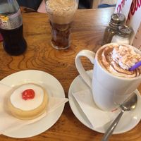 Empire biscuits (they are all vegan now) and vegan hot chocolate with soy cream at Brooklyn Cafe in Glasgow
