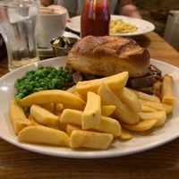 Seitan steak pie, peas and chips. Delicious.  at Brooklyn Cafe in Glasgow