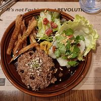 Gluten free fake fish and rice at Premarché Alternative Diner in Kyoto