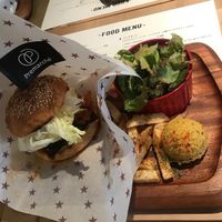 Burger lunch plate at Premarché Alternative Diner in Kyoto